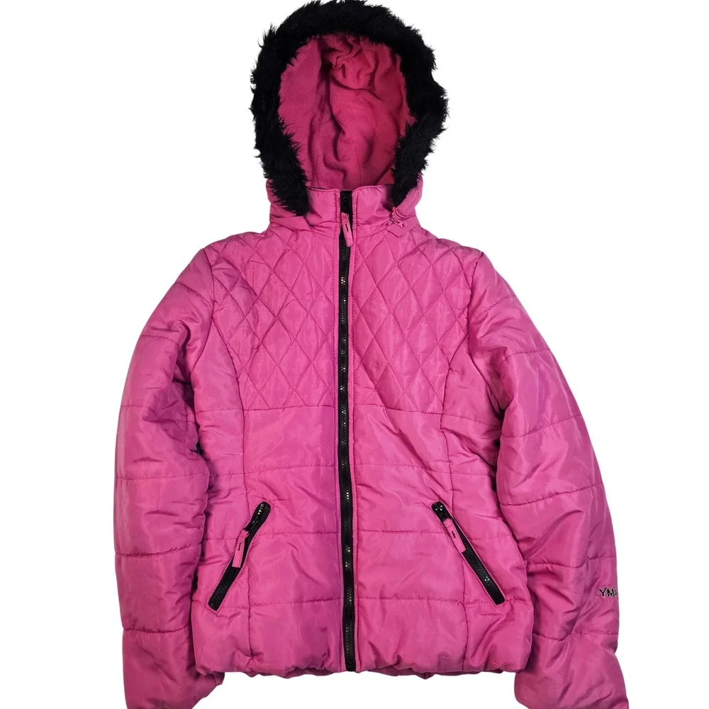 YMI Girls‎ Collection Pink Quilted Puffer Jacket Faux Fur Hood Size XL 16